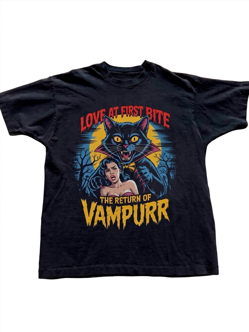 Vampurr Cat Love At First Bite Retro Horror Poster Black T-Shirt